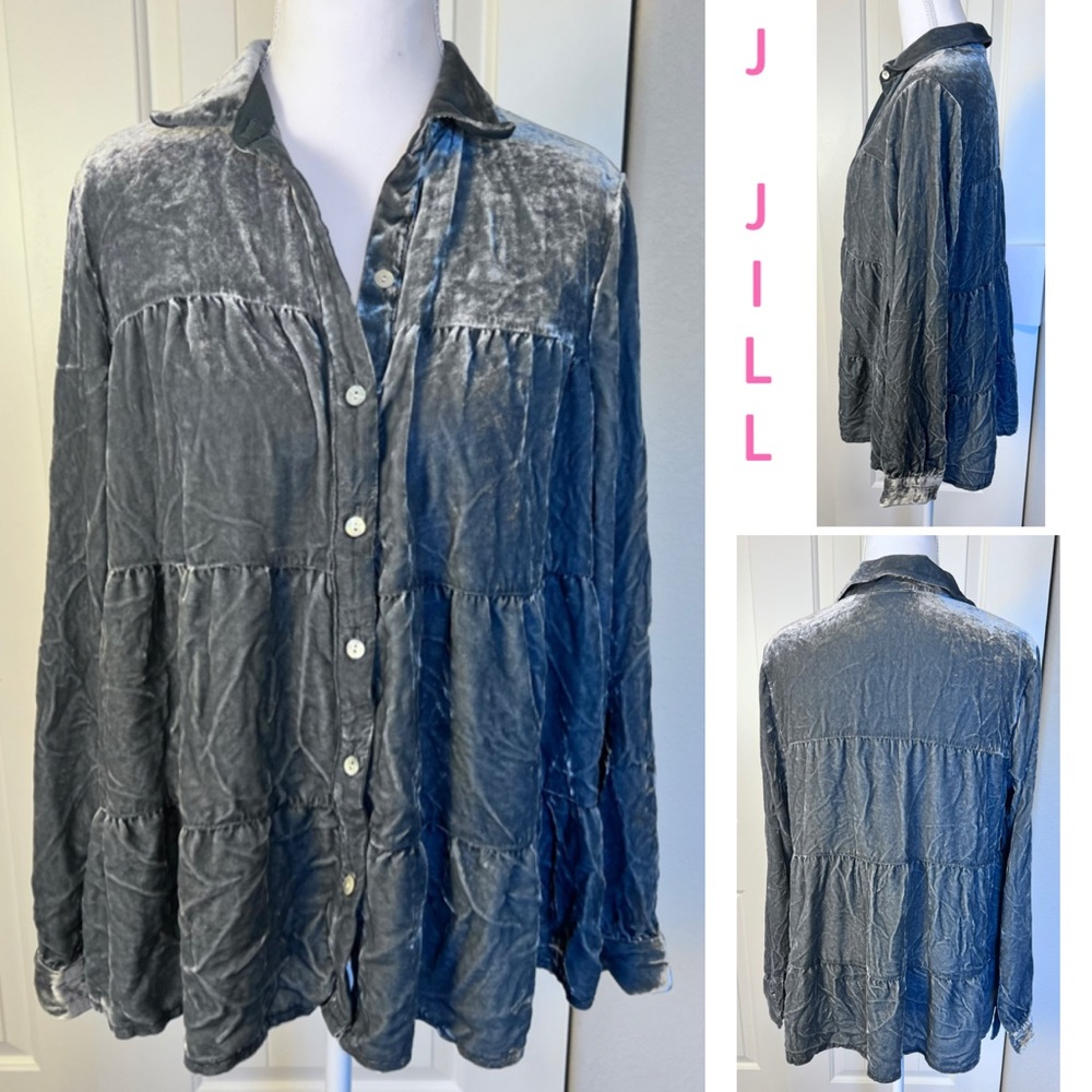 J. Jill Silk Blend Velvet Tiered Gray Button Down Soft Top Machine Wash